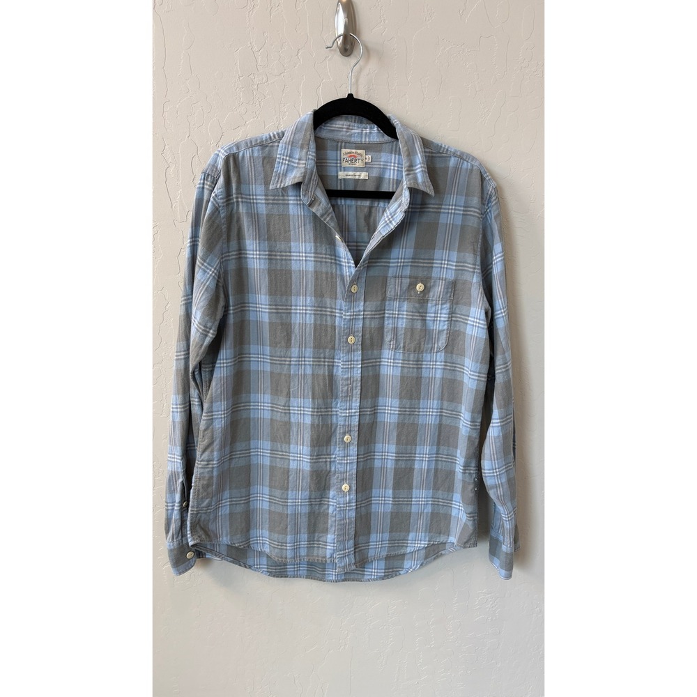 Faherty Mens Organic Cotton Plaid Button Down Shirt Blue Grey Size M